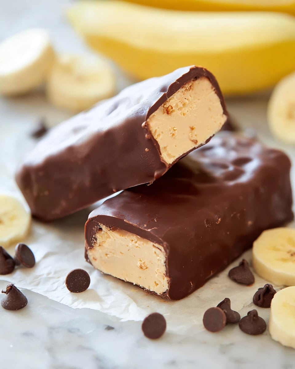 The image shows two chocolate-covered bars on a white marbled surface with sliced banana pieces and scattered chocolate chips around them. One bar is laying flat while the other rests on top at an angle, displaying its inside. The inside layer is creamy light brown with a smooth texture, encased in a thick, dark brown chocolate coating that has a slightly rough, uneven surface. The banana slices are bright yellow with soft spots, and the chocolate chips are small and dark brown, adding contrast to the scene. photo taken with an iphone --ar 4:5 --v 7
