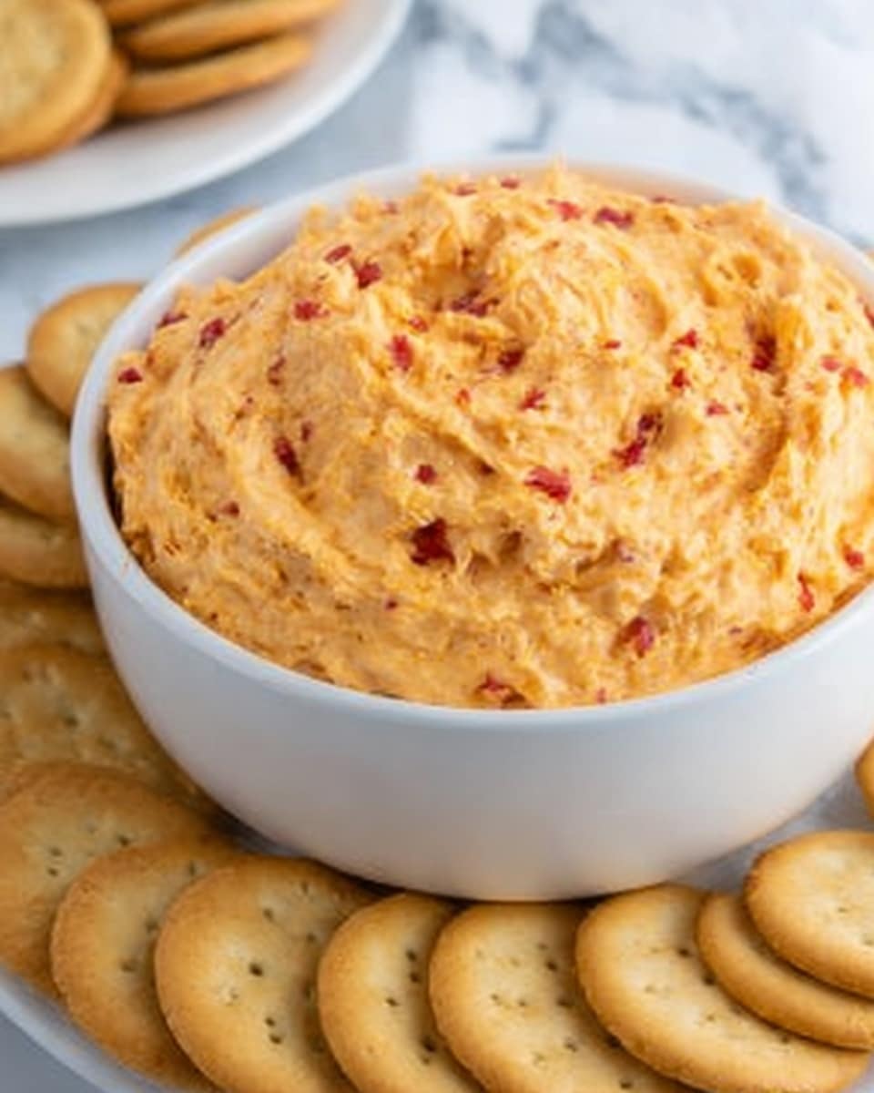 The image shows a white bowl filled with a creamy, soft orange spread that has small red bits mixed throughout. The bowl is placed on a neatly arranged stack of round, golden crackers. The surface underneath everything is a white marbled texture. In the background, part of another white plate with some crackers can be seen, slightly out of focus. photo taken with an iphone --ar 4:5 --v 7
