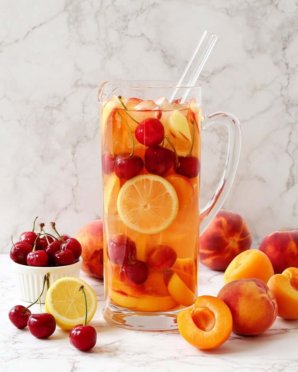 A tall clear glass pitcher filled with a light orange liquid holds floating layers of sliced red cherries, peach wedges with pink-red skin and yellow flesh, and lemon slices with pale yellow skin and light inner texture, all mixed together. The pitcher sits on a white marbled surface surrounded by loose peaches with red and yellow skin, bright orange apricots both whole and halved, a small pile of red cherries in a white container, and lemon halves. A clear stir stick is inside the pitcher against a white marbled background. photo taken with an iphone --ar 4:5 --v 7