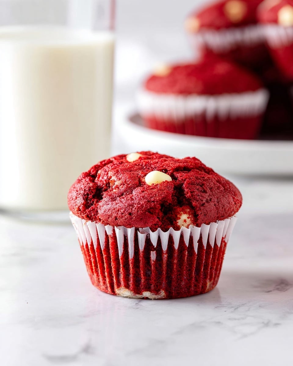 A single red velvet muffin with a cracked, textured top sits on a white marbled surface, wrapped in a fluted white paper cup. The muffin has small white chocolate chips embedded, visible near the bottom edges. Behind it, there is a tall clear glass filled with white milk and a white plate holding more red velvet muffins, slightly blurred to show depth. The overall setup is bright and clean, emphasizing the rich red color of the muffins against the light background. photo taken with an iphone --ar 4:5 --v 7