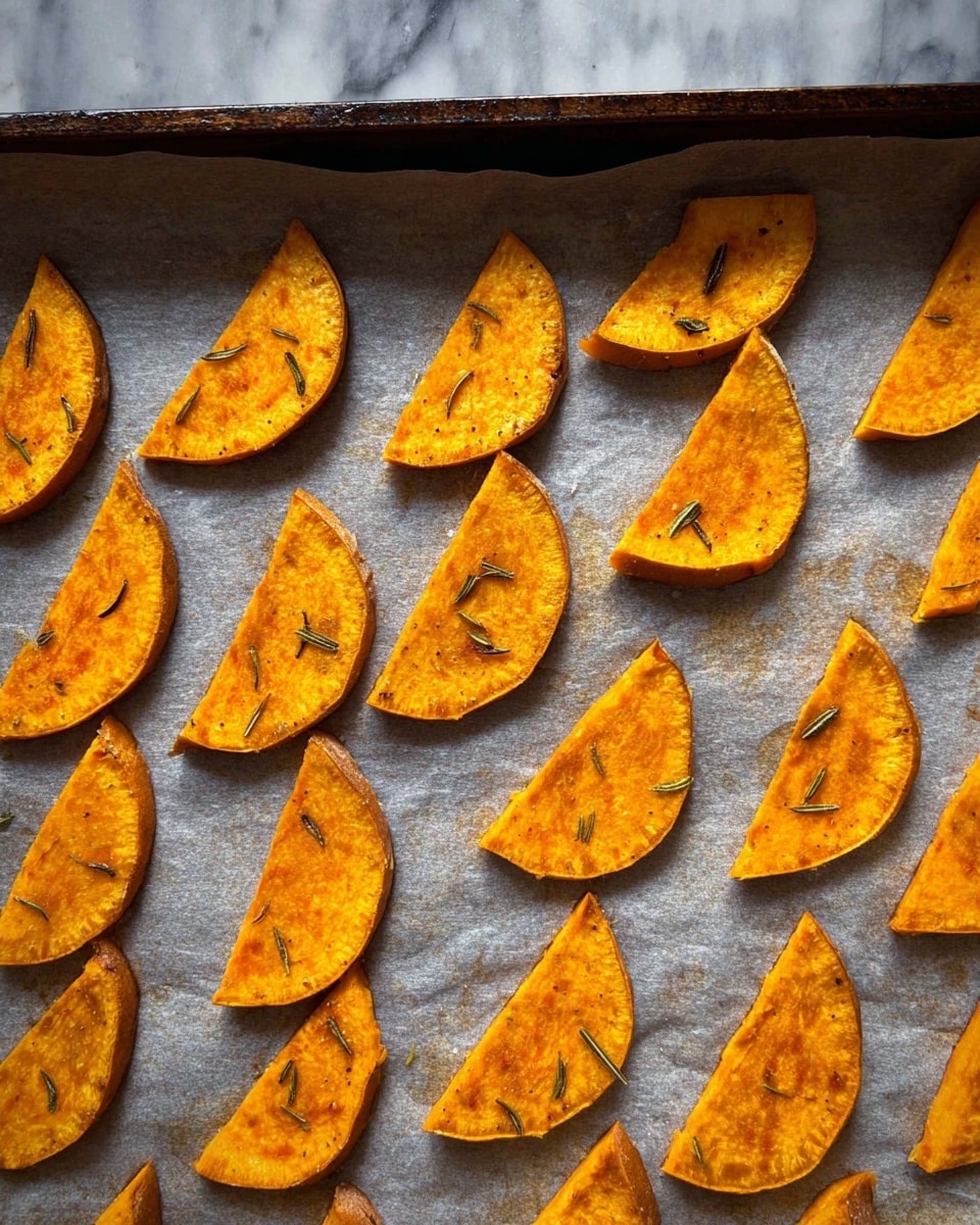 The image shows a baking tray lined with light gray parchment paper on a white marbled surface, filled with evenly spaced half-moon shaped slices of roasted orange sweet potatoes. The sweet potato pieces have a slightly crispy texture with a golden-brown color and some darker spots from roasting. Scattered small greenish-brown rosemary leaves lie on top and between the sweet potato slices, adding a touch of contrast. The scene has soft natural lighting highlighting the warm tone of the vegetables. photo taken with an iphone --ar 4:5 --v 7