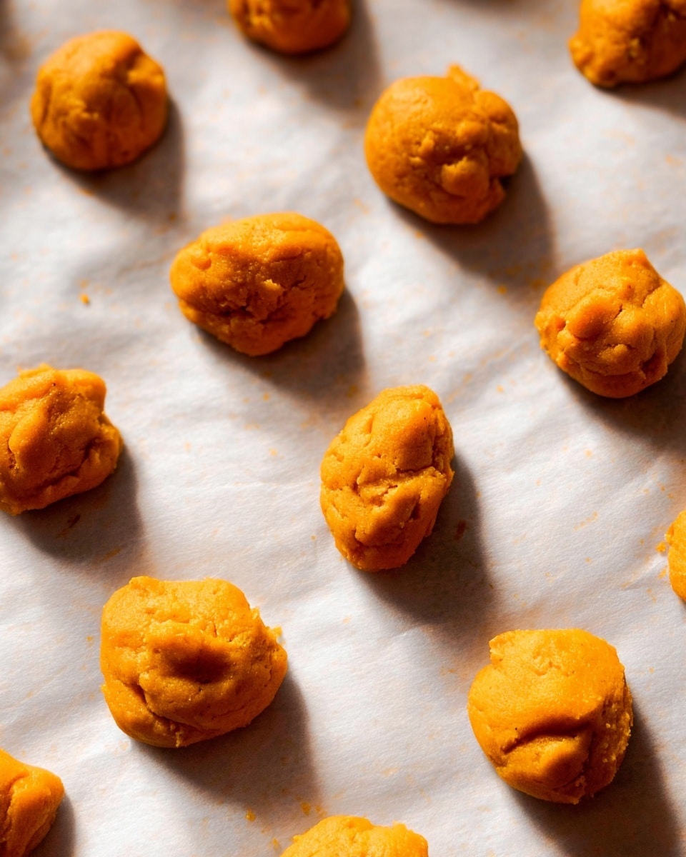 Small dollops of bright orange dough are evenly spaced on white baking paper, showing a slightly rough and soft texture with some small, uneven bumps. Each dollop is about one layer thick, with a rounded, somewhat twisted top that makes each piece look unique. The dough pieces cast tiny faint shadows on the white marbled background beneath, giving a sense of light coming from the side. The whole scene is simple with a close view and natural light, focusing only on the dough bits. photo taken with an iphone --ar 4:5 --v 7