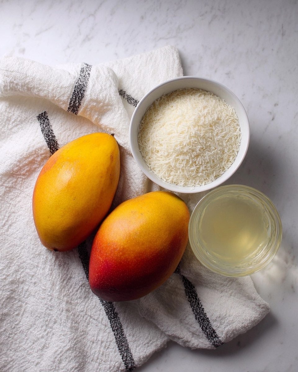 The image shows two ripe mangoes with orange, yellow, and red colors placed on a white textured cloth with black stripes, lying on a white marbled surface. Next to the mangoes, there is a white bowl filled with fine white shredded coconut and a clear glass with pale yellow liquid. Everything is arranged neatly and softly lit. photo taken with an iphone --ar 4:5 --v 7