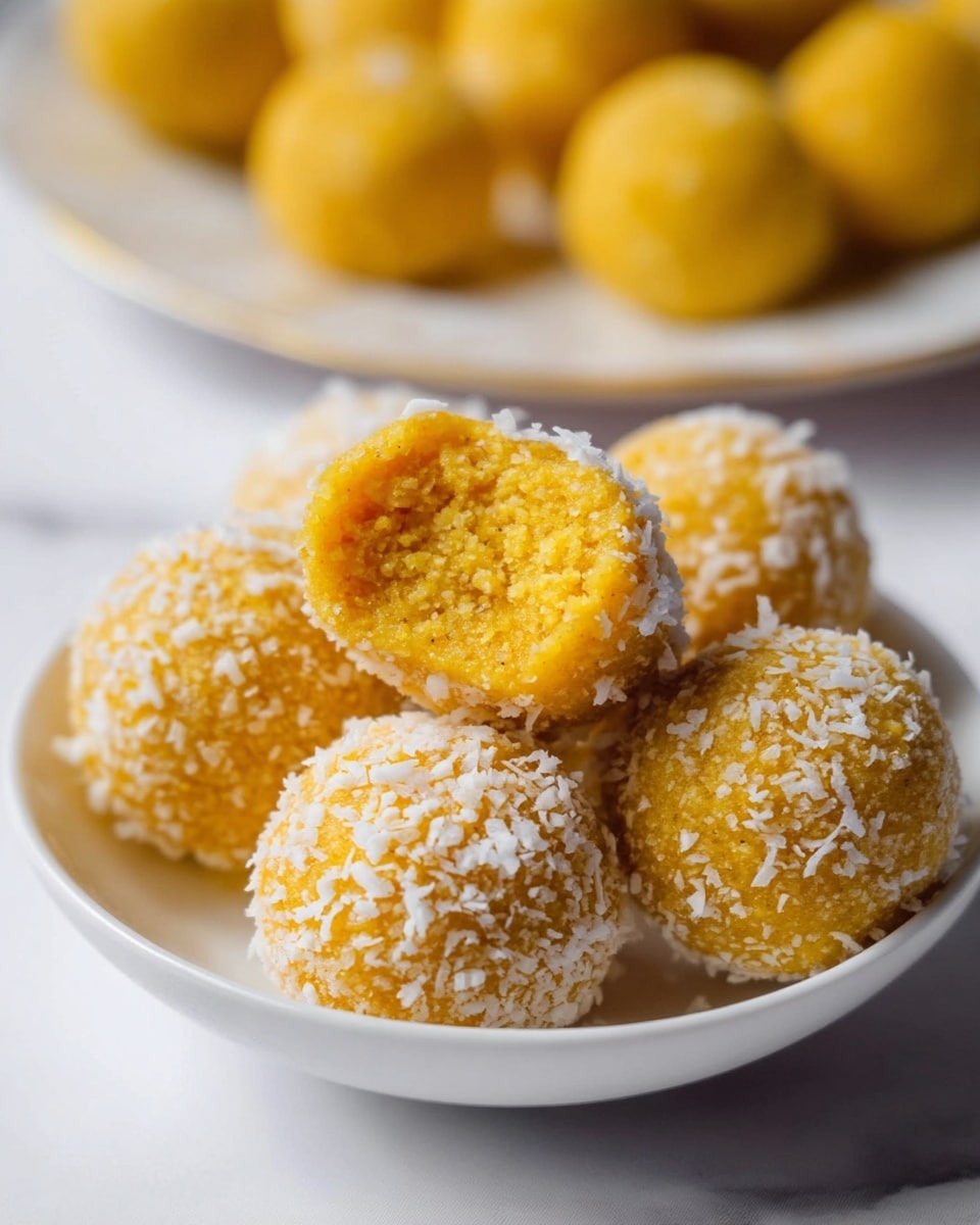 A close-up of round yellow-orange balls on a white shallow bowl, each ball covered in fine white flakes creating a textured outer layer; one ball is broken in half and placed on top, showing a moist, crumbly interior with a brighter yellow color and soft texture; in the blurred background, more of these balls are spread on another white plate; the whole scene is set on a white marbled surface with soft natural light highlighting the colors and textures clearly. photo taken with an iphone --ar 4:5 --v 7