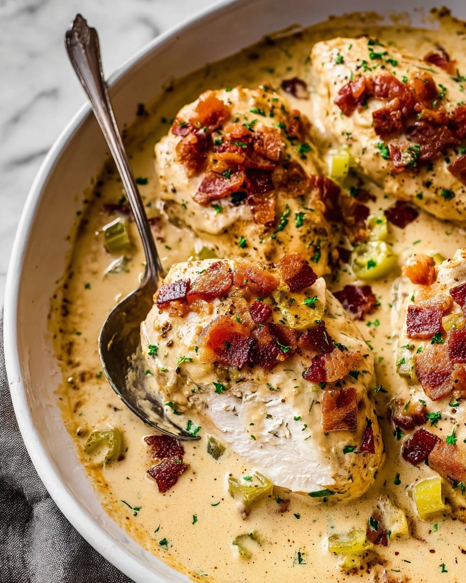 The dish shows three pieces of cooked chicken on the bottom layer with a light brown color and flecks of herbs on the skin. A creamy sauce covers the chicken and pools around it, light beige with a smooth texture and specks of herbs and spices. On the top layer, scattered crispy reddish-brown bacon bits and bright green sliced pepper rings add contrast and texture. There is a slight garnish of finely chopped green herbs sprinkled over everything. The food is served in a white bowl with some sauce stains on the inside edges. A metal spoon is partly under the chicken in the front, lifting a piece slightly, all set on a white marbled surface. Photo taken with an iphone --ar 4:5 --v 7