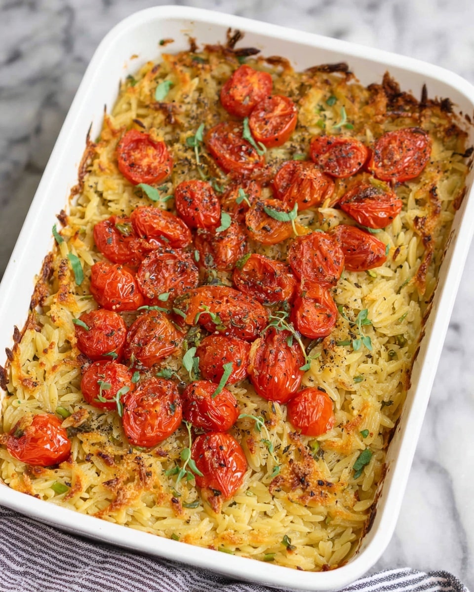 A white rectangular dish holds a baked pasta dish with two main layers: the bottom layer is light yellow baked orzo pasta mixed with small green herb bits, showing a slightly crispy, browned edge; the top layer features roasted cherry tomato halves, bright red with slight charring on the edges, seasoned with black pepper and herbs, and scattered small green herb leaves for garnish. The dish sits on a white marbled surface, with part of a striped cloth visible at the bottom. photo taken with an iphone --ar 4:5 --v 7