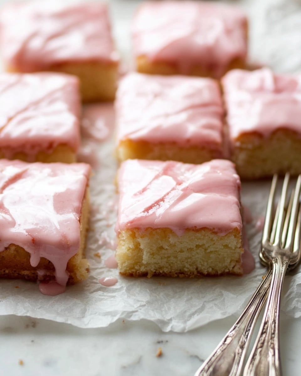 The image shows six square pieces of dessert arranged neatly on white parchment paper over a white marbled surface. Each piece has two layers: the bottom layer is a light golden brown cake with a soft texture, and the top layer is a smooth, pale pink icing that is slightly cracked in places. The icing appears glossy and slightly dripping over the edges of the cake. In the background, two silver forks lie side by side on the white marbled surface, adding a subtle metallic contrast to the soft colors of the dessert. photo taken with an iphone --ar 4:5 --v 7