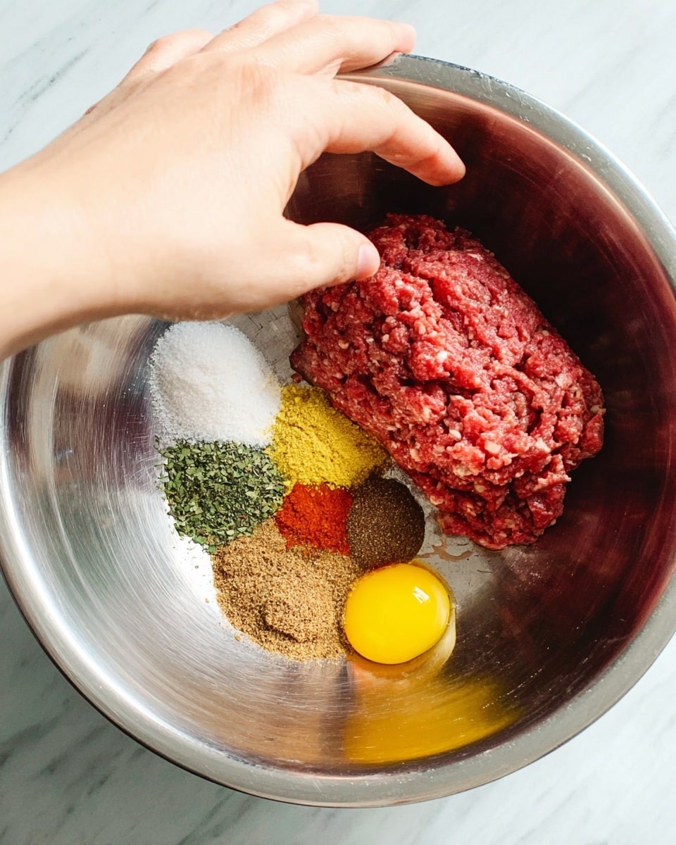 A shiny metal bowl holds several ingredients placed separately: a large block of ground red meat with a coarse texture on the right side, a bright yellow raw egg yolk near the bottom right, and six small piles of spices arranged in a semi-circle on the left side. The spice piles include white granules, dark green flakes, fine yellow powder, reddish powder, and two shades of brown powders. A woman's hand is reaching into the bowl from the left side, about to mix the ingredients. The bowl is set on a white marbled surface. photo taken with an iphone --ar 4:5 --v 7