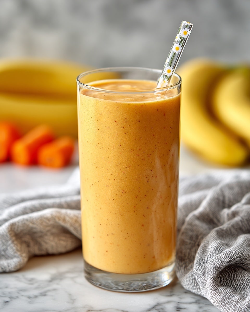 A tall clear glass is filled with a thick, light orange smoothie that has tiny darker specks throughout its smooth texture. A clear glass straw decorated with small white flowers is gently placed inside the glass, slightly tilting outwards. Behind the glass, there are out-of-focus bright yellow bananas and some small orange carrots on a white marbled surface. To the right, a soft, loosely folded gray and white striped cloth sits on the white marbled surface, adding a cozy touch. Photo taken with an iphone --ar 4:5 --v 7