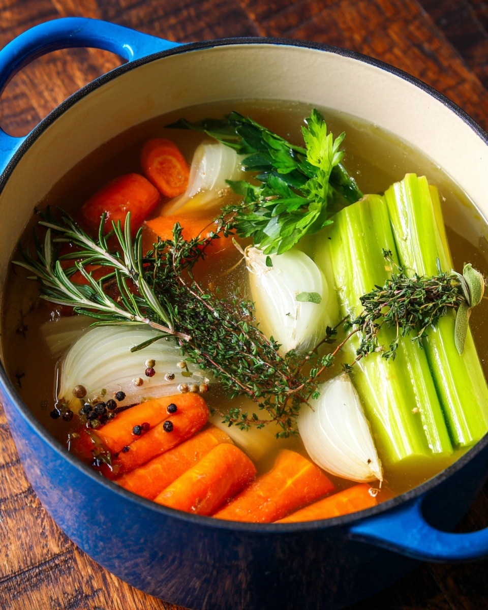 A blue pot with a white inside is filled with clear broth and various vegetables. There are two light green celery stalks with leaves tied together on the right side, orange carrot strips scattered around the middle and bottom, and a white onion wedge near the center. There are also pieces of shallot with purplish skin floating on the left side, some green herbs like rosemary and thyme spread throughout, and small black peppercorns visible in the broth. The pot sits on a wooden surface. Photo taken with an iphone --ar 4:5 --v 7