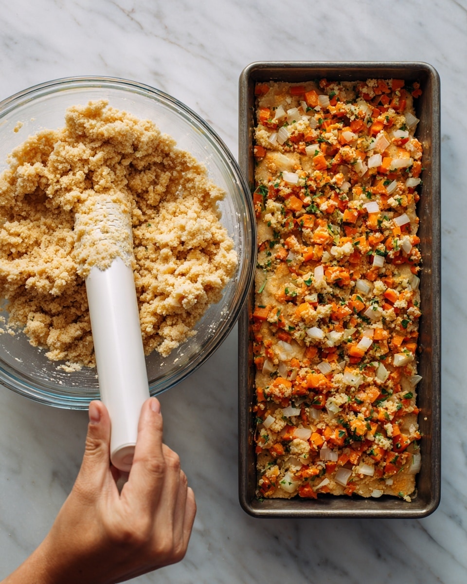 The left side shows a clear glass bowl with crumbled light beige mixture with small chunks, being mashed by a white-handled masher held by a woman's hand. The right side shows a rectangular dark baking pan filled with a flat mixture of the same light beige base, mixed with small diced pieces of orange carrots, white onions, and some green herbs spread evenly on top. Both images feature a white marbled background. photo taken with an iphone --ar 4:5 --v 7