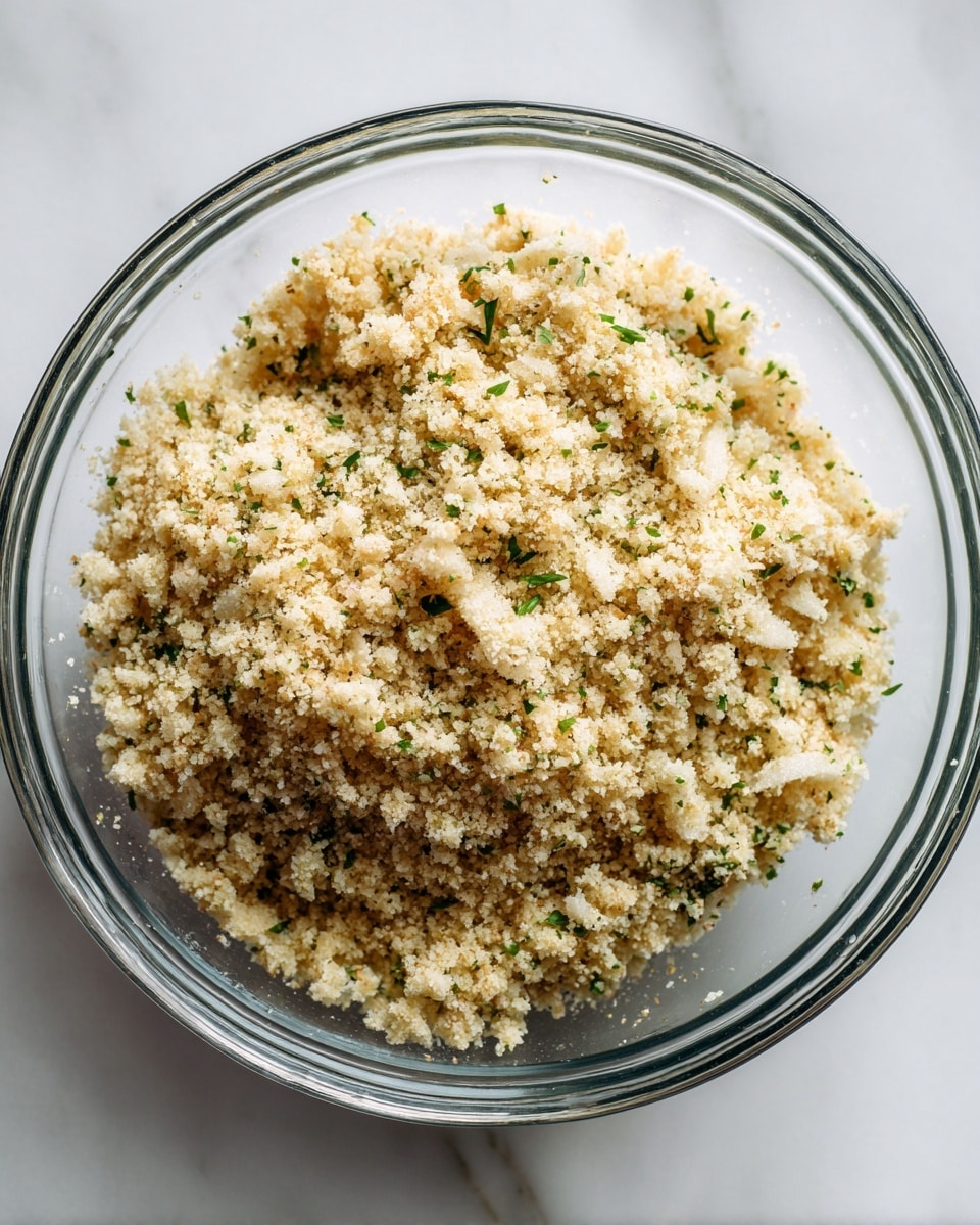 A glass bowl filled with a crumbly mixture that looks grainy and coarse in texture. The dish has a light brown color with small bits of green herbs scattered throughout, adding specks of color. The mixture appears loose and uneven, with visible small chunks and crumbs on top and around the edges. The bowl is placed on a white marbled surface. photo taken with an iphone --ar 4:5 --v 7