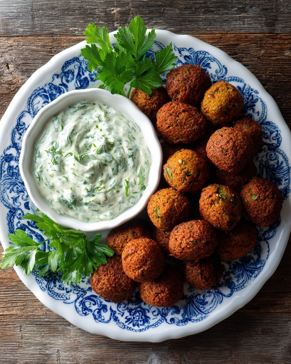 A white plate with blue lace patterns holds around twenty brown falafel balls arranged in a loose pile on the right side of the plate. On the left side, there is a small white bowl filled with thick white sauce that has green herbs mixed in, creating a swirled texture. Fresh bright green parsley sprigs are placed around the falafel near the bowl. The plate sits on a dark wooden surface, changed here to a white marbled texture. photo taken with an iphone --ar 4:5 --v 7