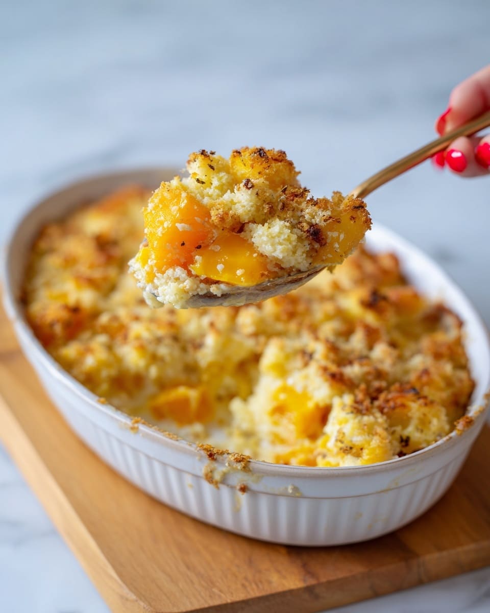 The image shows a close-up of a spoonful of baked casserole held by a woman's hand with red-painted nails. The casserole has an outer layer with a golden brown crumbly texture, some parts slightly darker from baking, giving a crispy look. Inside the spoon, the main filling reveals soft, warm chunks of orange squash mixed with creamy, smooth, light yellow sauce. The spoon is lifted from a white oval baking dish with visible brown baked edges and bits of the topping scattered inside. The dish sits on a light wooden board with a white marbled surface in the background, creating a clean and bright look. Photo taken with an iphone --ar 4:5 --v 7
