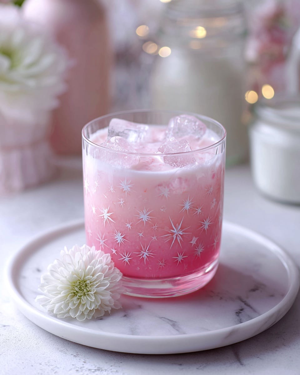 A clear glass with decorative star patterns contains a layered drink placed on a white round plate on a white marbled surface. The bottom layer is bright pink with a thick texture, above it is a pale pink milk layer that blends softly, topped with small ice cubes floating at the surface. Next to the glass, on the plate, is a single white flower with soft petals. The background is softly blurred with white and pale pink objects, including jars and flowers, giving a calm and delicate feel. Photo taken with an iphone --ar 4:5 --v 7