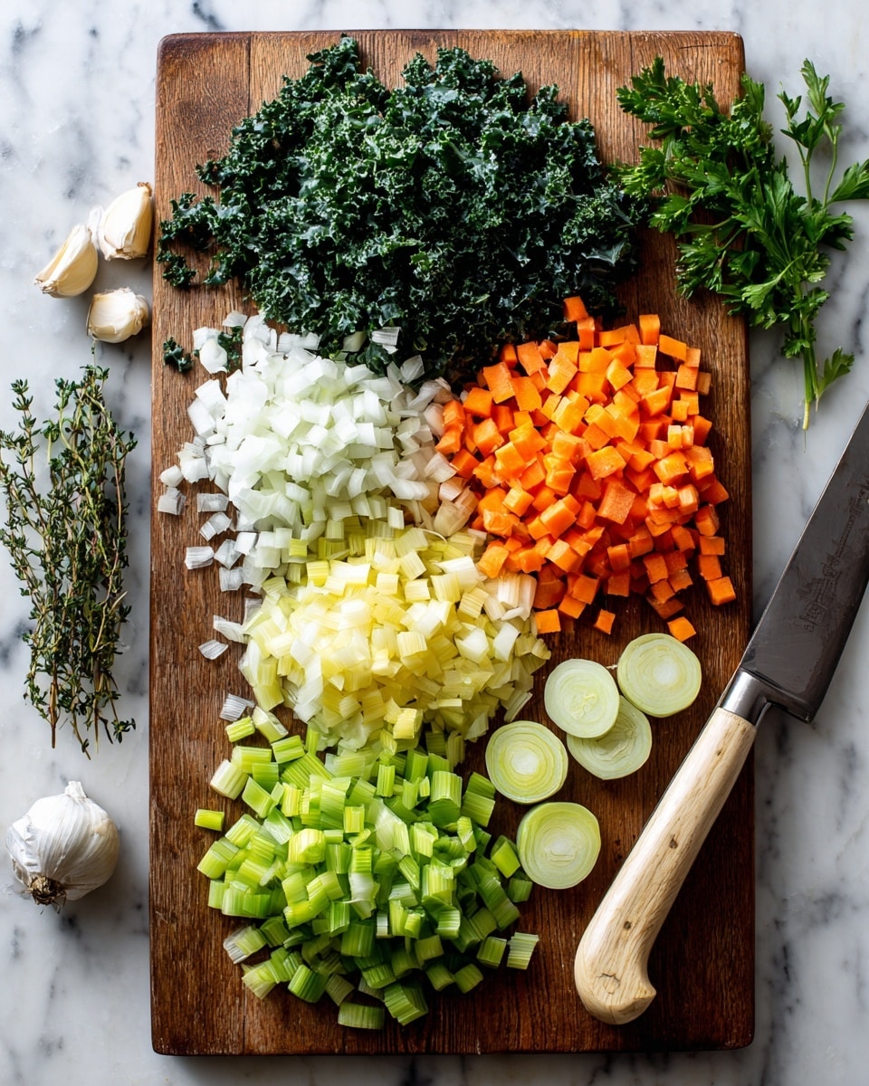 A wooden cutting board is placed on a white marbled surface, holding four neat piles of chopped vegetables arranged from bottom to top: finely chopped dark green kale with a curly texture, white diced onions, light green diced celery, and bright orange chopped carrots. To the right of these piles are several round slices of light green leek. A knife with a light wooden handle rests near the top of the cutting board. Fresh green parsley lies at the top right corner, and garlic bulbs along with sprigs of thyme are scattered around the board, adding natural color contrast. photo taken with an iphone --ar 4:5 --v 7
