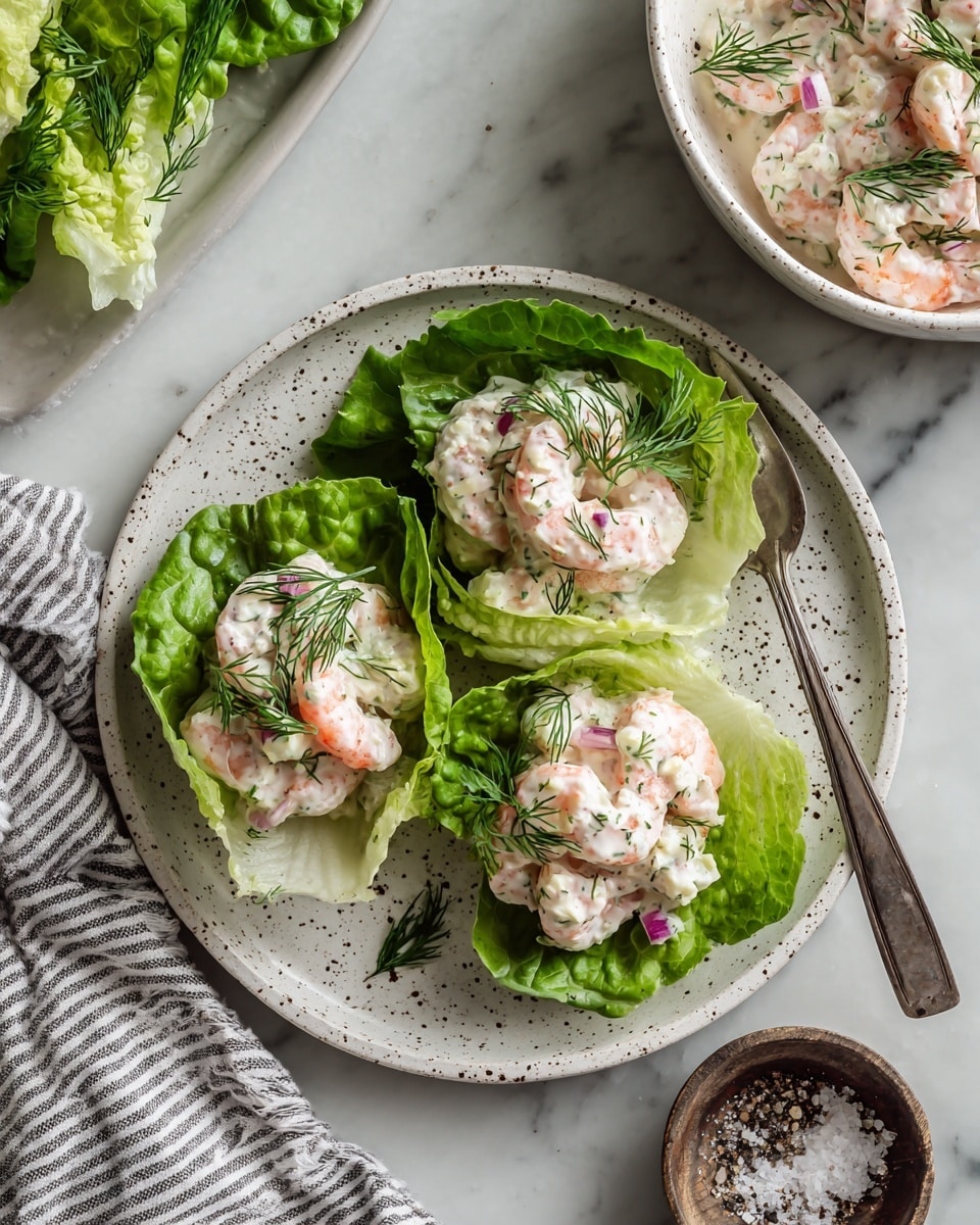 The image shows three green lettuce leaves placed inside a white speckled plate on a white marbled surface. Each lettuce leaf holds several pieces of pink shrimp coated in a creamy white sauce, mixed with small pieces of red onion and green celery. The shrimp is topped with green dill sprigs, adding a touch of color and texture. In the top right corner, part of another white speckled dish with more shrimp and sauce is visible, along with a silver spoon resting in it. A small bowl with coarse salt and cracked black pepper sits at the bottom right corner. The setting includes more lettuce leaves and a striped cloth in the bottom left. The overall look is fresh, light, and inviting. photo taken with an iphone --ar 4:5 --v 7