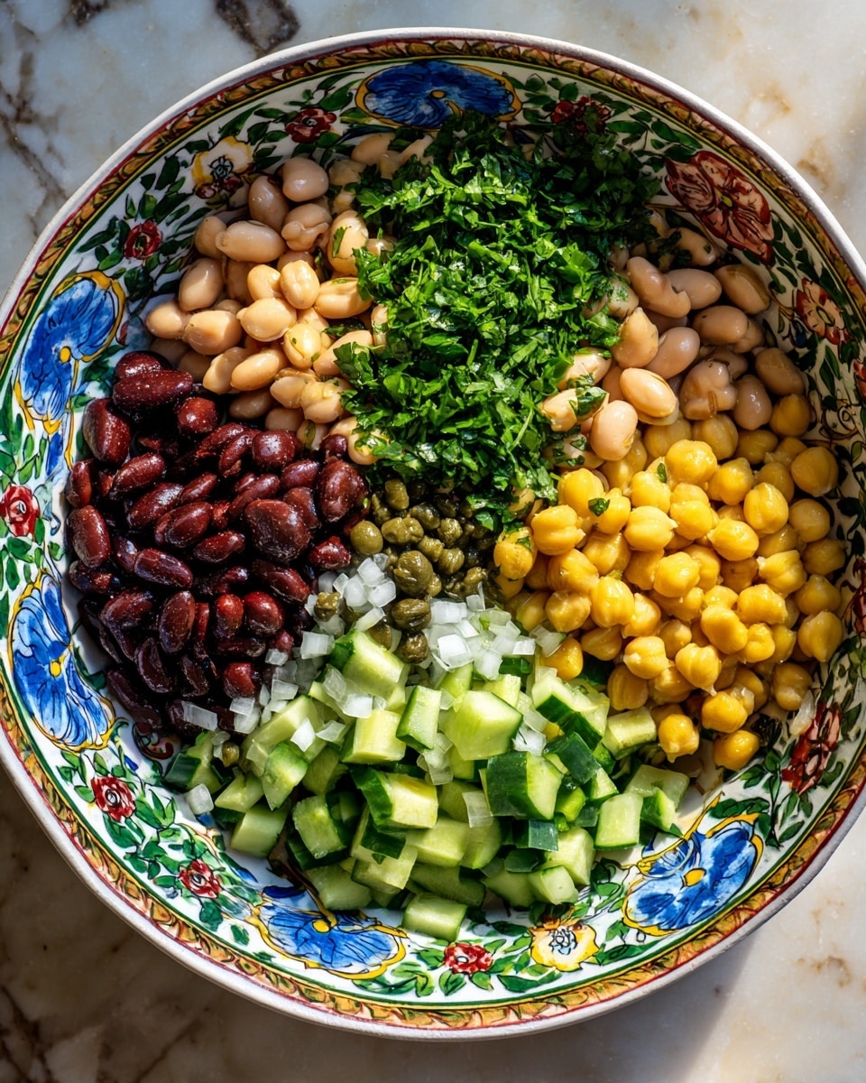 A colorful salad is shown in a white bowl with a bright floral and blue pattern around the edges, placed on a white marbled surface. The dish is made of six thick layers: starting from the top left are dark brown beans with a shiny, smooth texture followed by light tan beans next to them. On the top right, there is a large pile of finely chopped green herbs. Below the herbs, on the right side, there are small round chickpeas in a light yellow color. Near the center are small pieces of chopped white onion mixed with little green capers. Finally, the bottom section features chopped green cucumber pieces with a fresh, crisp look, some of which have a few capers on top. photo taken with an iphone --ar 4:5 --v 7
