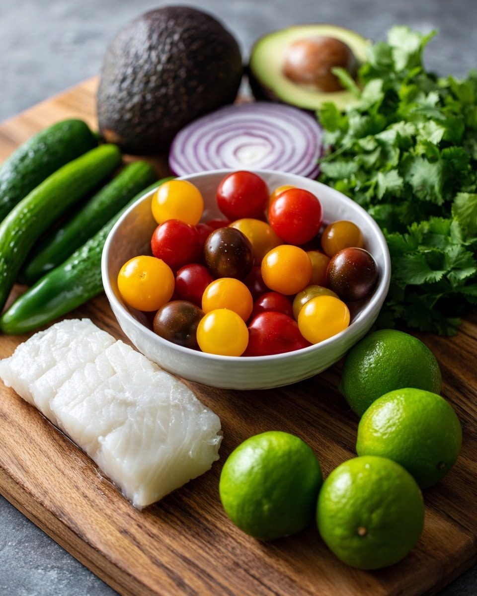 A white bowl filled with small round tomatoes in red, yellow, and dark brown colors sits near the center on a wooden board. To the left of the bowl, there are four small green cucumbers lying side by side. Behind the bowl, a halved red onion displays its circular layers, and a dark green avocado is placed nearby. On the right side, there are four small green limes clustered together. In front of the limes, a jalapeño pepper with a smooth dark green skin lays next to a thick, white piece of fish fillet. A bunch of green cilantro leaves rests above the limes and onion, completing the arrangement. Photo taken with an iphone --ar 4:5 --v 7