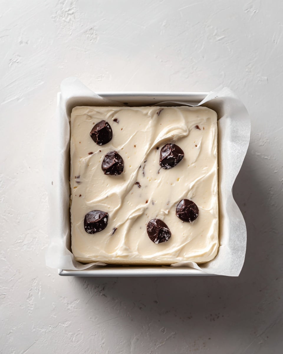 A square white baking pan lined with parchment paper holds a dessert with two main layers. The bottom layer is creamy white with a smooth, thick texture spreading evenly across the pan. On top of this base, there are four uneven dark chocolate blobs placed randomly: one near the top left, one near the top right, one close to the bottom left, and one slightly right of the center. The white marbled surface beneath the pan adds a clean and simple background. photo taken with an iphone --ar 4:5 --v 7