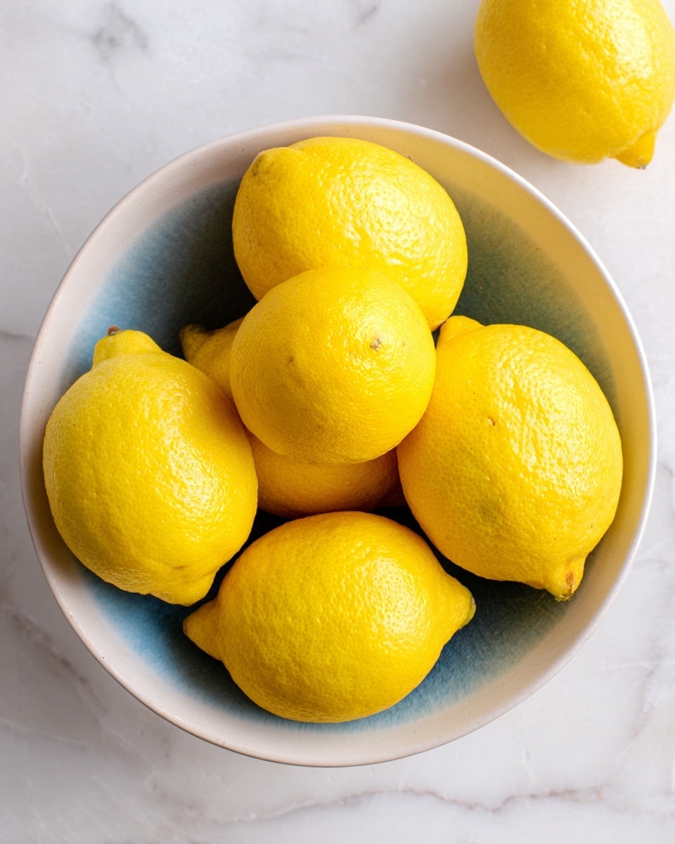 A top view of six bright yellow lemons, five of them placed inside a white ceramic bowl with a smooth texture and a light blue inner surface, showing the lemons' slightly shiny and textured skin. The bowl sits on a white marbled surface with light grey veins, and one lemon is placed outside the bowl in the top right corner. The lemons are plump and have small natural dimples on their skin. Photo taken with an iphone --ar 4:5 --v 7