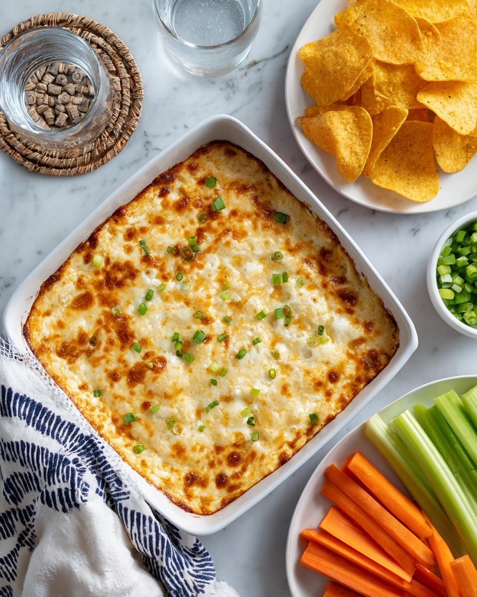 A square white baking dish filled with a thick, golden melted cheese layer on top, slightly browned and bubbly, with small green chopped onions sprinkled over it. On the top right nearby, a white round plate holds a stack of yellow corn chips. On the bottom right, a white plate contains green celery sticks and bright orange carrot sticks, all cut into long pieces. In the top left corner, there is a clear glass of water on a patterned coaster next to a folded white and navy striped cloth. A woman's hand is reaching into the baking dish over a white marbled surface photo taken with an iphone --ar 4:5 --v 7