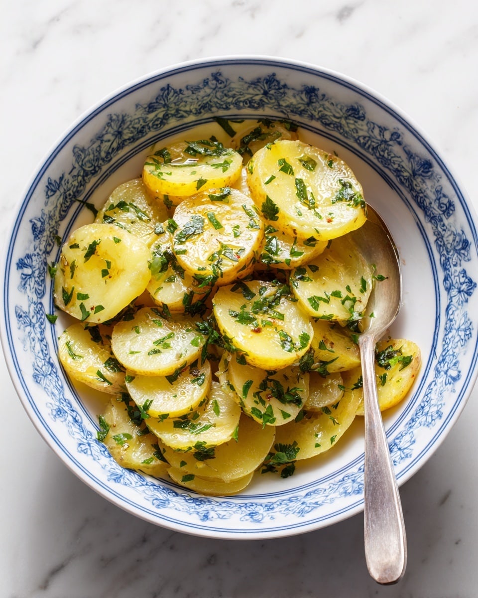 A white bowl with a blue pattern holds several thick slices of yellow potatoes covered evenly with small chopped green herbs and a light oil or butter sauce, giving them a shiny, slightly wet texture. The potato slices are stacked on top of each other, filling the bowl almost to the rim. A silver spoon rests inside the bowl on the right side, partly under the potatoes. The bowl is on a white marbled surface. Photo taken with an iphone --ar 4:5 --v 7