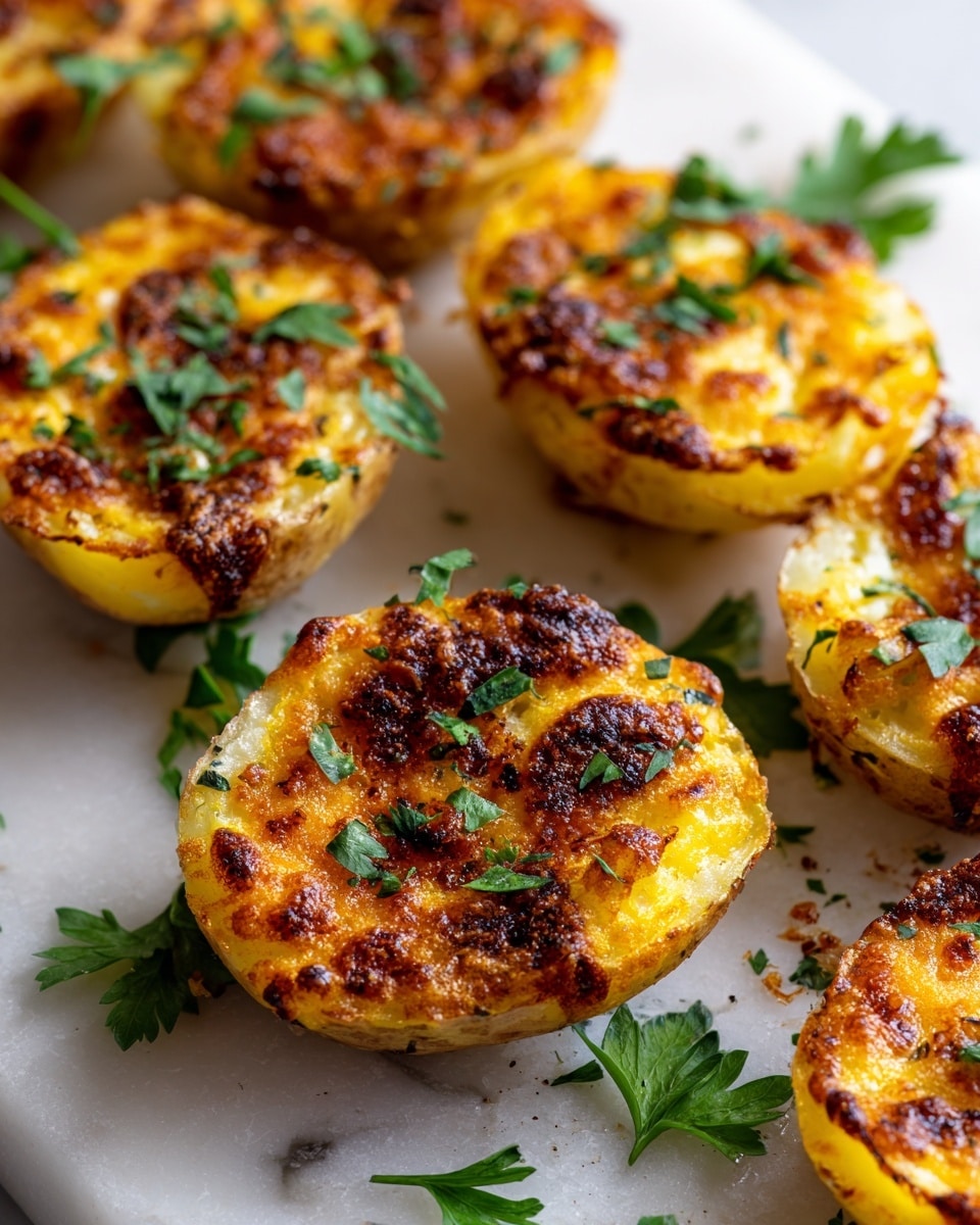 A close-up view of several potato halves arranged side by side on a white marbled surface, each potato half with a golden-yellow base layer topped with a crispy, browned cheesy crust that has dark toasted edges and scattered green herb bits, with some potatoes showing a crosshatch pattern carved into the surface beneath the crust; fresh green parsley leaves are placed around the potatoes for garnish, adding a pop of color to the warm tones of the crispy potato halves photo taken with an iphone --ar 4:5 --v 7