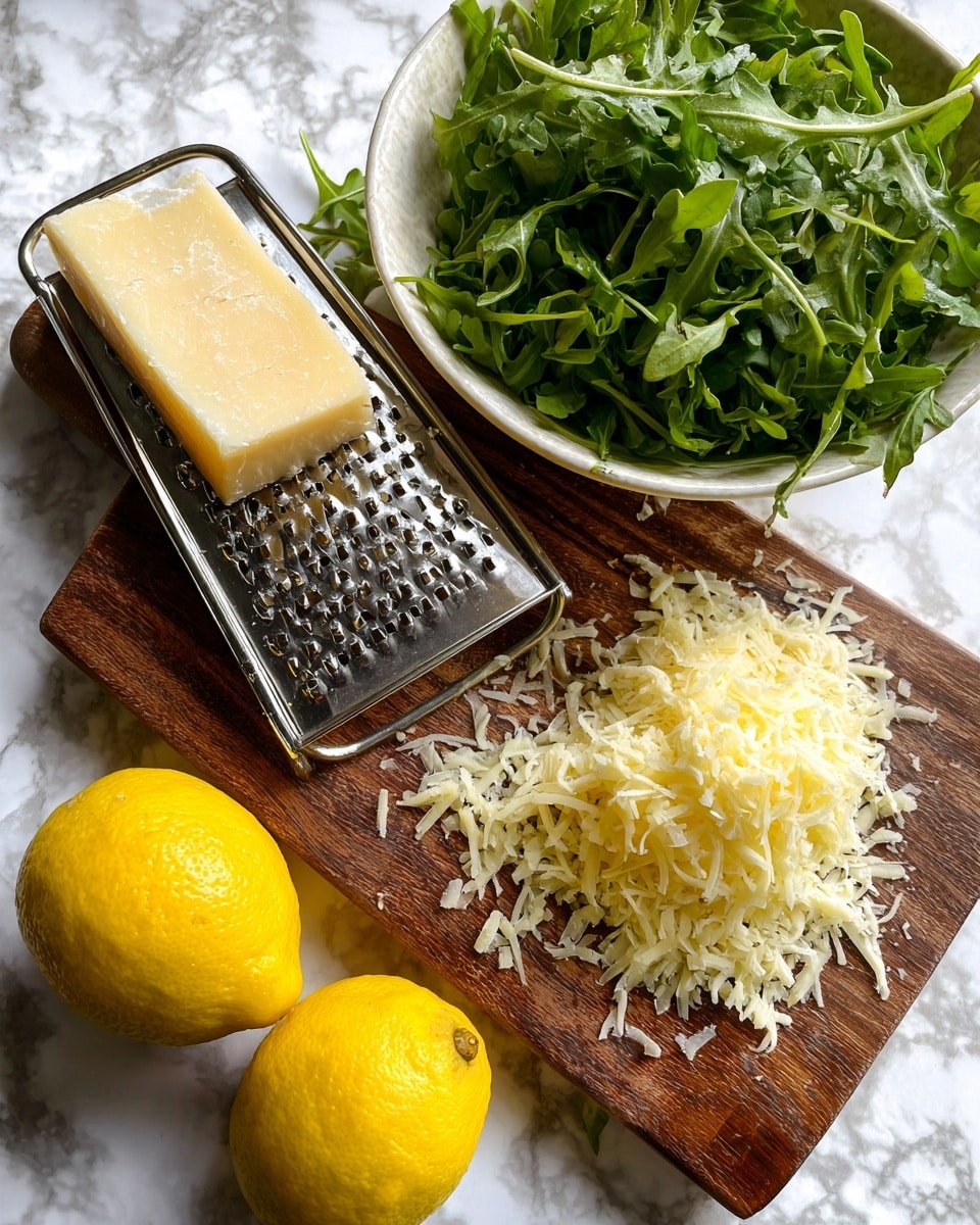 A wooden board with a silver grater on top holds a pale yellow block of cheese, partially grated with small fluffy piles of cheese on the board around it; behind it is a white bowl filled with fresh green leafy arugula, the leaves smooth and slightly curled at edges. Next to the board are two whole bright yellow lemons, smooth-skinned and round. The whole setup is placed on a surface with white marbled texture, showing light veins and soft reflections. Photo taken with an iphone --ar 4:5 --v 7