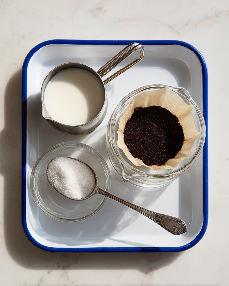 A white tray with a blue rim sits on a white marbled surface, holding three items: a metal measuring cup filled with white liquid in the top left corner, a clear glass container with a paper filter inside holding brewed dark coffee grounds in the center, and a metal measuring spoon filled with white granulated sugar in the bottom left corner, all lit softly from above. photo taken with an iphone --ar 4:5 --v 7