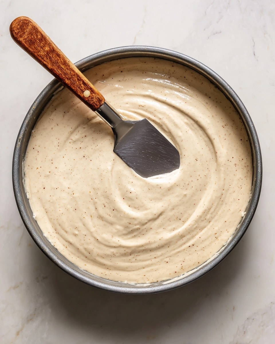 A single layer of thick, creamy, pale beige batter with small brown specks is spread unevenly inside a round metal baking pan. A metal spatula with a wooden handle rests on top of the batter, smoothing the surface. The pan is placed on a white marbled surface. photo taken with an iphone --ar 4:5 --v 7
