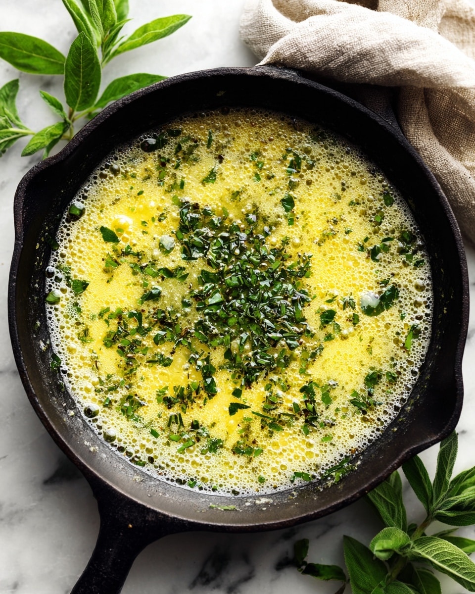 A black cast iron pan filled with bubbling yellowish melted butter on a white marbled surface, with fresh green chopped herbs sprinkled in the center and a small bunch of whole herbs placed near them, the left side showing some bubbles and foam, a folded cloth partially visible in the top right corner, surrounded by green herb leaves on the surface. photo taken with an iphone --ar 4:5 --v 7