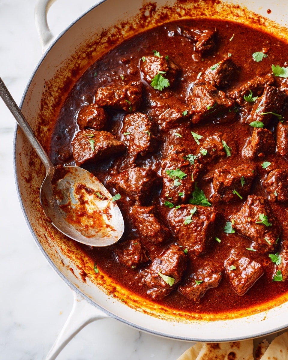 A close-up view inside a white pan showing many small pieces of dark brown meat coated in a rich, thick, reddish-brown sauce, with a few small green herb bits scattered on top. The edges of the pan have sauce smears and the texture looks slightly chunky and glossy. A shiny silver spoon rests in the pan, partially covered by the meat and sauce, with parts of the pan’s white surface visible around the food. The pan sits on a white marbled surface with small pieces of flatbread peeking from the bottom right corner. Photo taken with an iphone --ar 4:5 --v 7