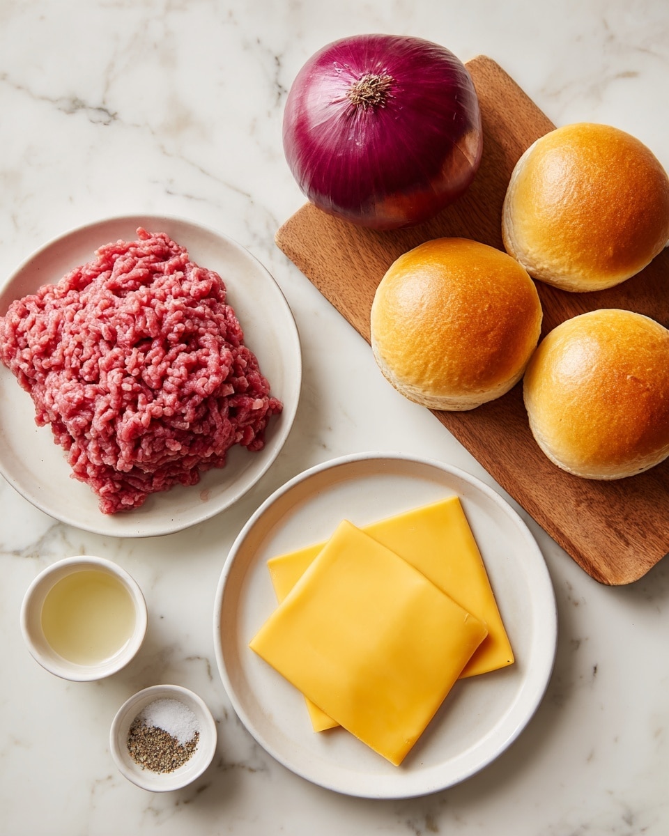 The image shows several raw ingredients arranged neatly on a white marbled surface. There are four golden-brown round buns placed on a wooden board to the top right. Below and to the left of the buns is a white plate with four bright yellow cheese slices arranged overlapping each other. To the left of that plate is another white plate holding a pile of raw ground meat with a rough texture and mixed red and pink colors. Above the meat plate is a whole round red onion with a shiny purple skin. Between the onion and the cheese plate is a small white bowl containing salt and pepper. Finally, in the bottom left corner, there is a small white cup holding a clear liquid, likely oil or vinegar. photo taken with an iphone --ar 4:5 --v 7