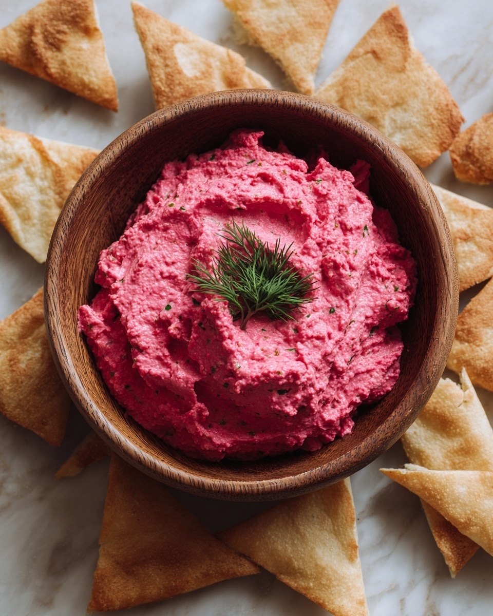 A wooden bowl is filled with bright pink creamy dip, topped with a small sprig of fresh green dill in the center. The bowl is surrounded by dark green leafy chips and toasted triangular pita chips scattered on a white marbled surface. The dip looks thick and textured, with visible small chunks, creating a rich contrast with the smooth and crunchy chips around it. photo taken with an iphone --ar 4:5 --v 7