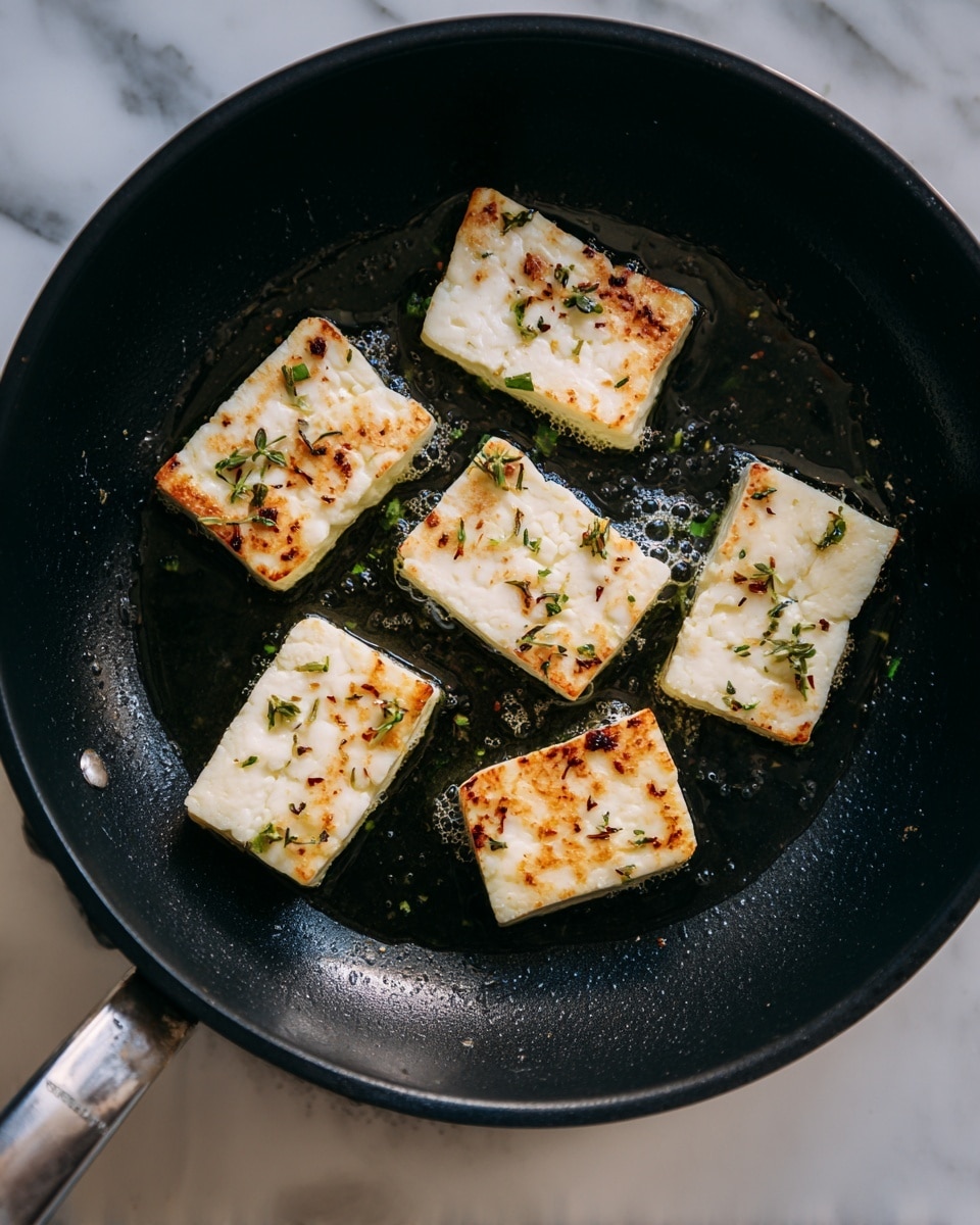 The image shows a black frying pan on a stove with several light beige rectangular pieces of halloumi cheese cooking inside. Each cheese piece has small herbs and spices visible on the surface, giving a speckled look. The cheese pieces are arranged in a slightly overlapping circular pattern, with some bubbling oil visible in the pan. The background is a white marbled texture photo taken with an iphone --ar 4:5 --v 7