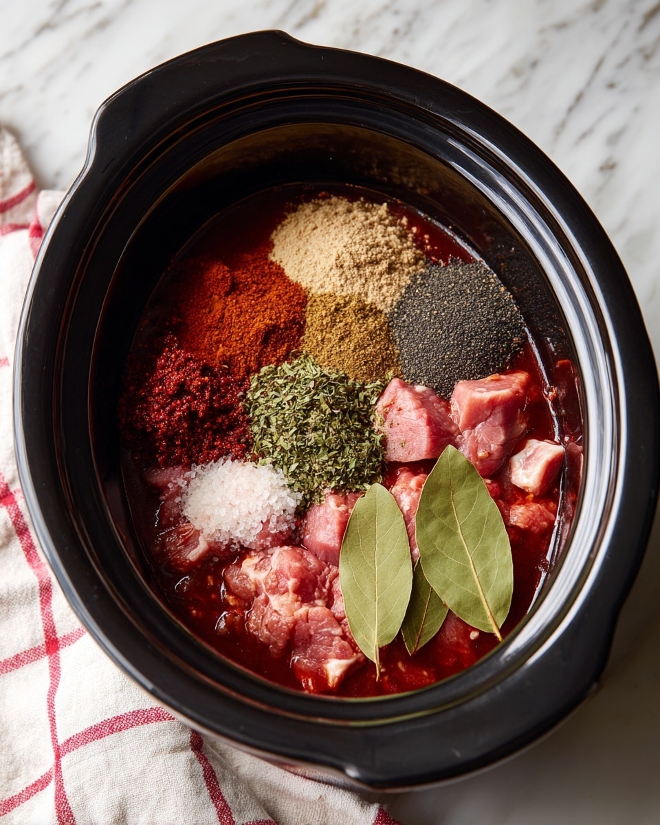 Inside a black oval slow cooker, there is a mix of spices and sauce layered on top of raw meat. The bottom layer is a dark red liquid sauce, partly covering the pieces of pink raw meat. On top of the sauce, there are several piles of dry spices: a dark gray fine spice on the left, a light brown ground spice on the right, a pile of green dried herbs near the center, a reddish chunky paste below, and two whole green bay leaves on the right side. The cooker is placed on a white marbled surface next to a white cloth with red checks. Photo taken with an iphone --ar 4:5 --v 7
