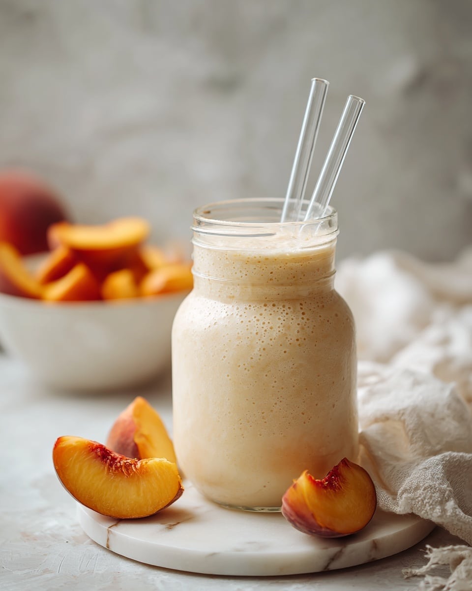 This image shows a creamy smoothie in a glass jar with rounded, layered contours creating three bulb-like shapes stacked vertically. The smoothie is pale beige with a frothy, bubbly surface filling the top. Two clear glass straws stand upright in the jar. The jar sits on a white marbled board with peach slices beside it, showing soft orange and pink colors. In the blurred background, there is a white bowl with more mixed peach slices resting on a white cloth. The whole scene is placed on a white marbled texture surface. photo taken with an iphone --ar 4:5 --v 7