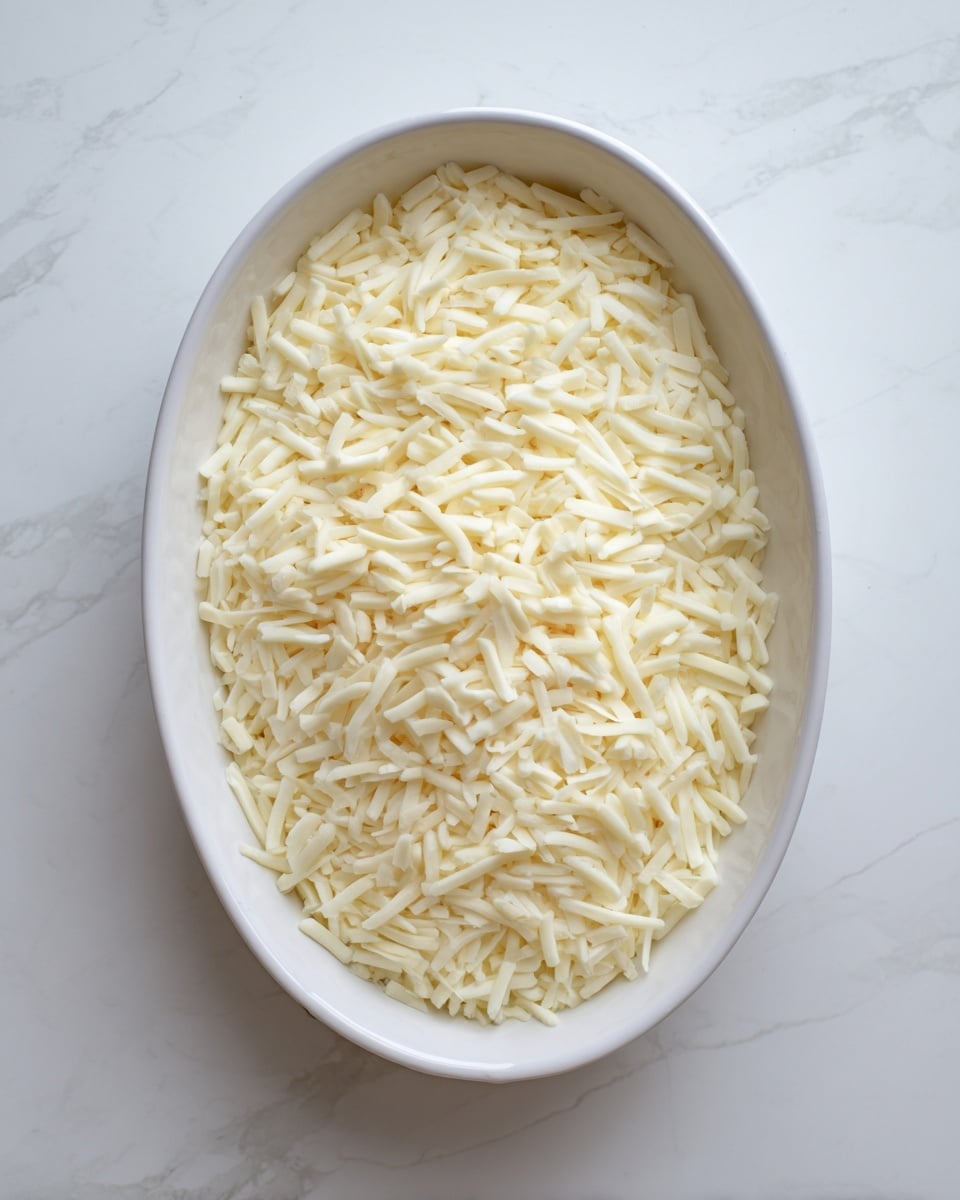 A white oval ceramic dish filled with a single thick layer of small, white, stick-shaped shredded cheese pieces, evenly spread out. The dish is placed on a white marbled surface, and no other items are visible in the frame. The image is sharp and bright, showing the soft texture of the cheese clearly. photo taken with an iphone --ar 4:5 --v 7