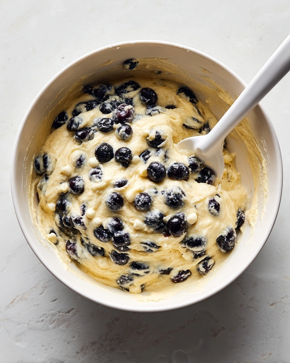 A close-up view of thick, creamy batter filled with whole black blueberries and small white chocolate chips mixed evenly throughout the pale yellow batter, shown in a white bowl with a white spatula partially immersed in the mixture, set against a white marbled texture background, photo taken with an iphone --ar 4:5 --v 7