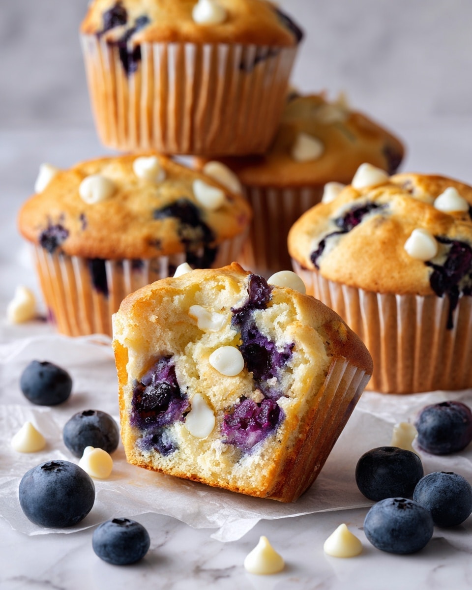 The image shows several blueberry muffins on a white marbled surface with parchment paper underneath. One muffin is split in half, showing its soft, light yellow interior filled with dark purple blueberries and white chocolate chips. The muffins have a golden brown top with visible blueberries peeking through. Around the muffins are scattered fresh blueberries and white chocolate chips, adding detail to the scene. photo taken with an iphone --ar 4:5 --v 7