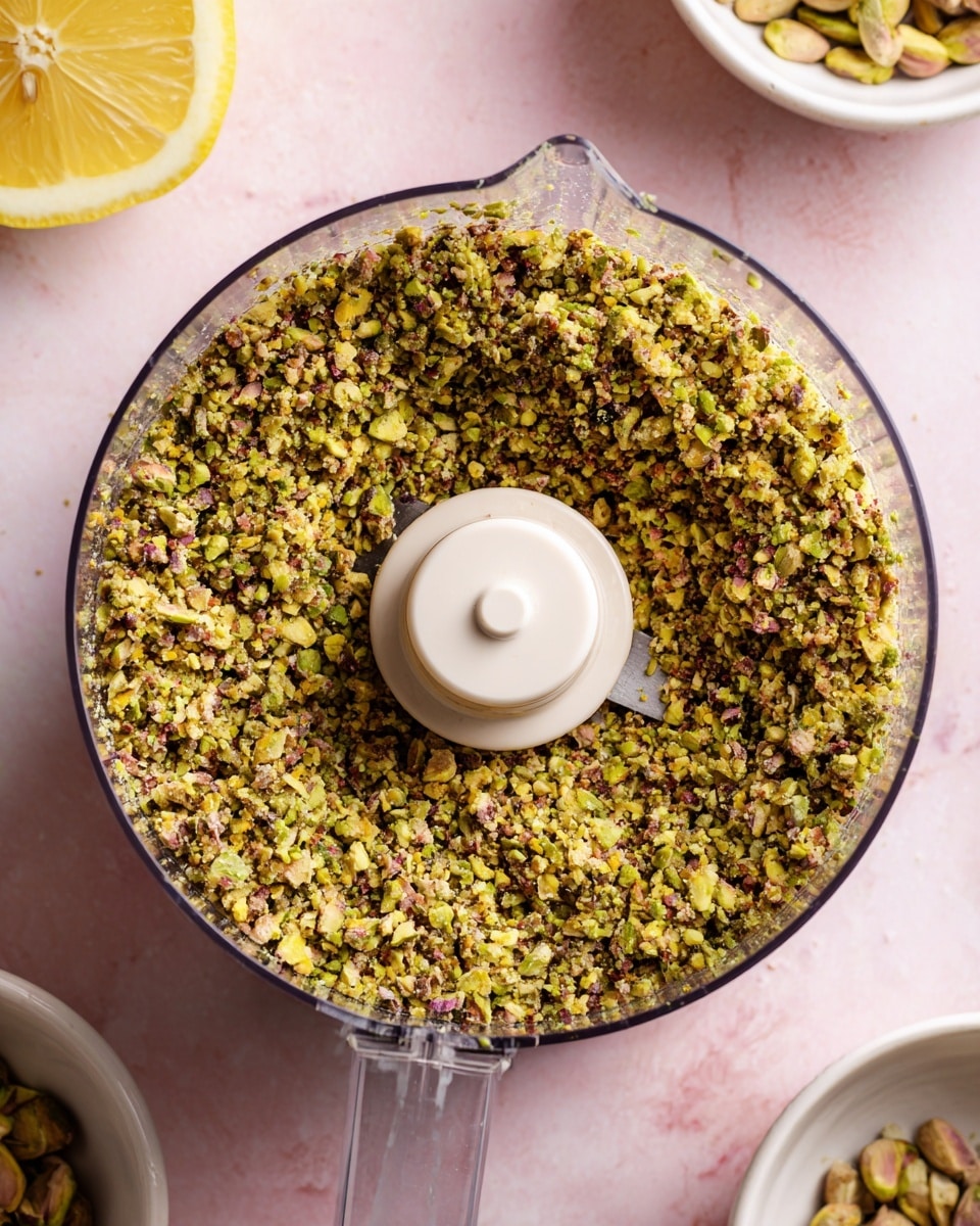 The image shows a top view of a food processor filled with a single layer of finely chopped pistachios, which are light green with some specks of brown and yellow, creating a coarse, crumbly texture. The food processor bowl is clear with a white central blade holder. The background is a soft pink color with a white marbled surface partly visible, and there is a slice of a bright yellow lemon in the top left corner. Two white bowls are partially seen around the edges of the frame, one at the top and one at the bottom right. photo taken with an iphone --ar 4:5 --v 7