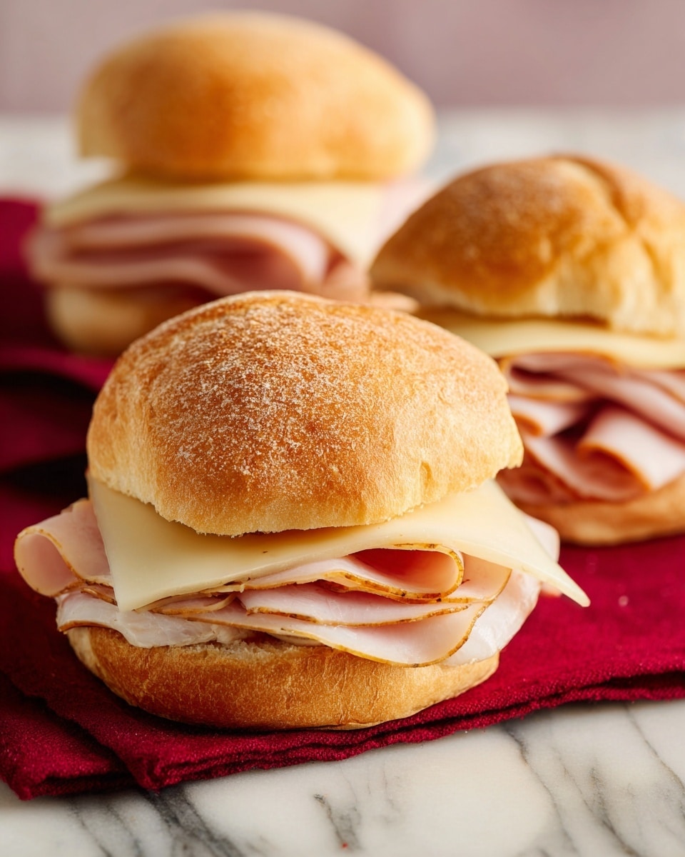 The image shows three sandwiches on a white marbled surface with a red cloth underneath. Each sandwich has three main layers inside a soft, lightly powdered brown bun. The bottom layer is thin slices of light pink ham, folded neatly. Above the ham is a thin, golden, fried white meat layer with a soft texture. The top layer inside the bun is a slice of pale yellow cheese with small holes, slightly melting on the warm meat. The top bun is placed lightly on the sandwich, showing the layers clearly. The background is blurred, focusing on the front sandwich. Photo taken with an iphone --ar 4:5 --v 7