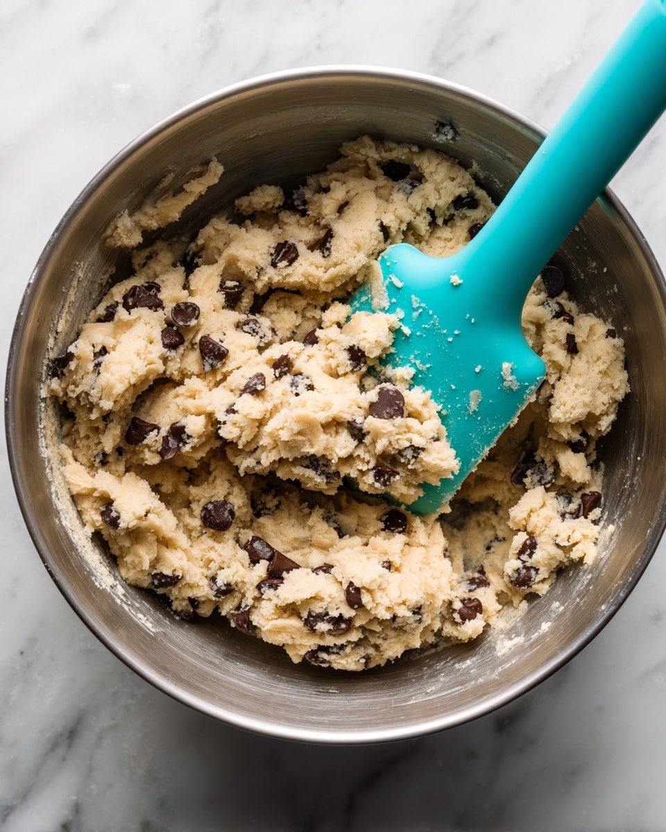 A close-up image shows thick, clumpy dough mixed with many small dark chocolate chips inside a metal bowl. A bright turquoise silicone spatula is partially buried in the dough on the right side, with some dough sticking to it. The dough is light beige with a soft, crumbly texture and the chocolate chips are scattered evenly throughout. The inside of the metal bowl has a smooth, shiny silver surface. The photo is taken on a white marbled surface. photo taken with an iphone --ar 4:5 --v 7