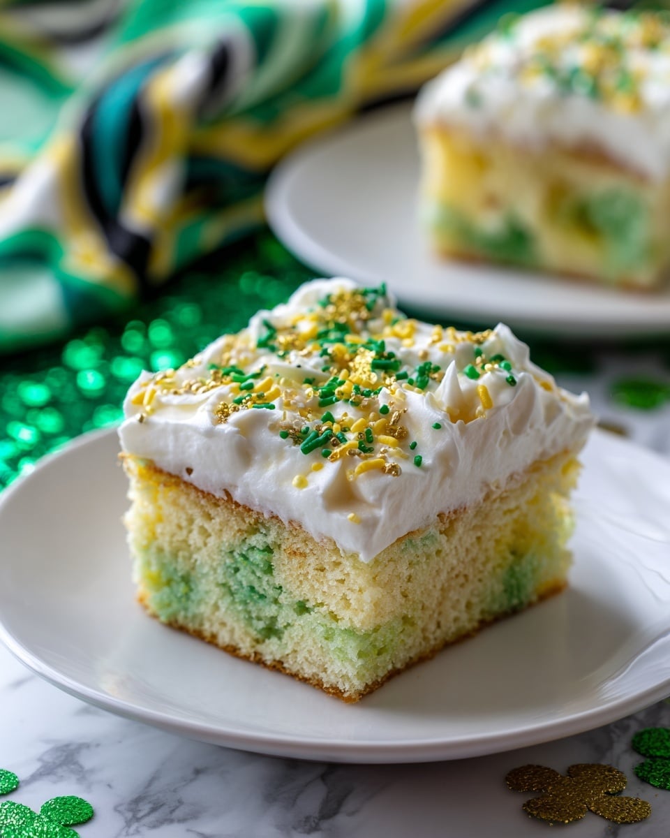 The image shows a square piece of cake on a white plate, with a white marbled surface below. The cake has two layers: the bottom layer is a mix of light green and white sponge, creating a soft marbled effect, and the top layer is a thick coat of white frosting with small green, yellow, and gold sprinkles scattered on top. In the background, another similar piece of cake sits on a white plate, slightly out of focus, with a green and black patterned cloth and green glittery numbers creating a festive setting. Photo taken with an iphone --ar 4:5 --v 7