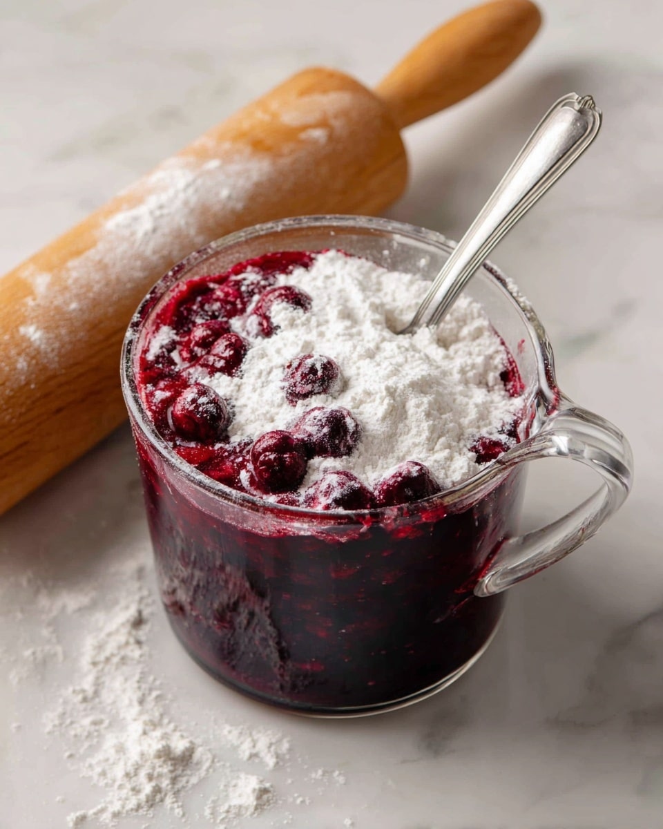 A clear glass measuring cup filled with a dark red mixed berry sauce that shows deep purple and red chunks of berries. On top of the berry mixture, there is a thick layer of white powder, likely sugar or flour, unevenly spread with whole berries scattered on it. A silver spoon is inside the cup, resting on the right side. The cup is placed on a white marbled surface, next to a wooden rolling pin dusted with flour. Photo taken with an iphone --ar 4:5 --v 7
