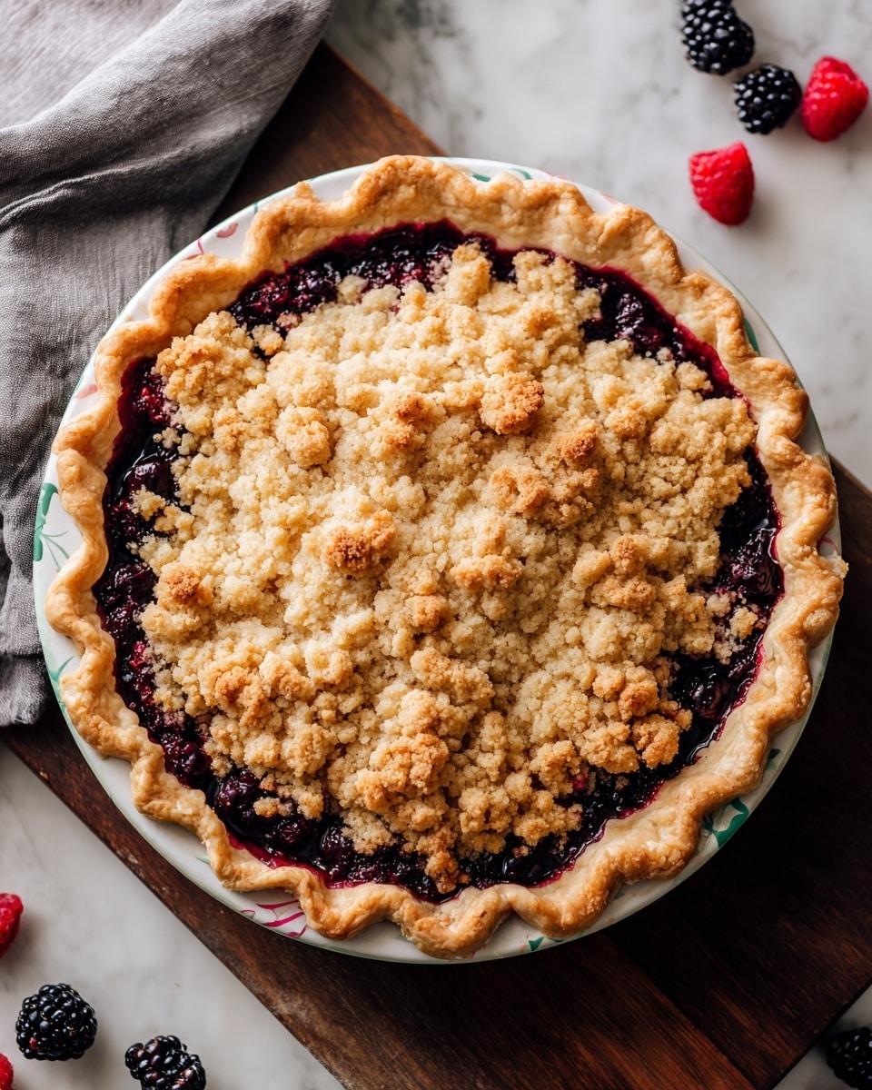 A round pie with three clear layers: the bottom crust is light golden and flaky, forming a thick edge with a gently scalloped rim, resting in a white pie dish with a subtle green and pink rim. The middle layer shows a dark purple berry filling, bubbling up slightly and visible around the edges under the crumb topping. The top layer is a rough, golden brown crumb mixture with visible clumps and uneven texture covering the entire pie surface. The pie sits on a dark wooden table with scattered fresh raspberries and blackberries nearby, and a gray cloth napkin partially visible in the upper left corner, all placed on a white marbled surface. Photo taken with an iphone --ar 4:5 --v 7