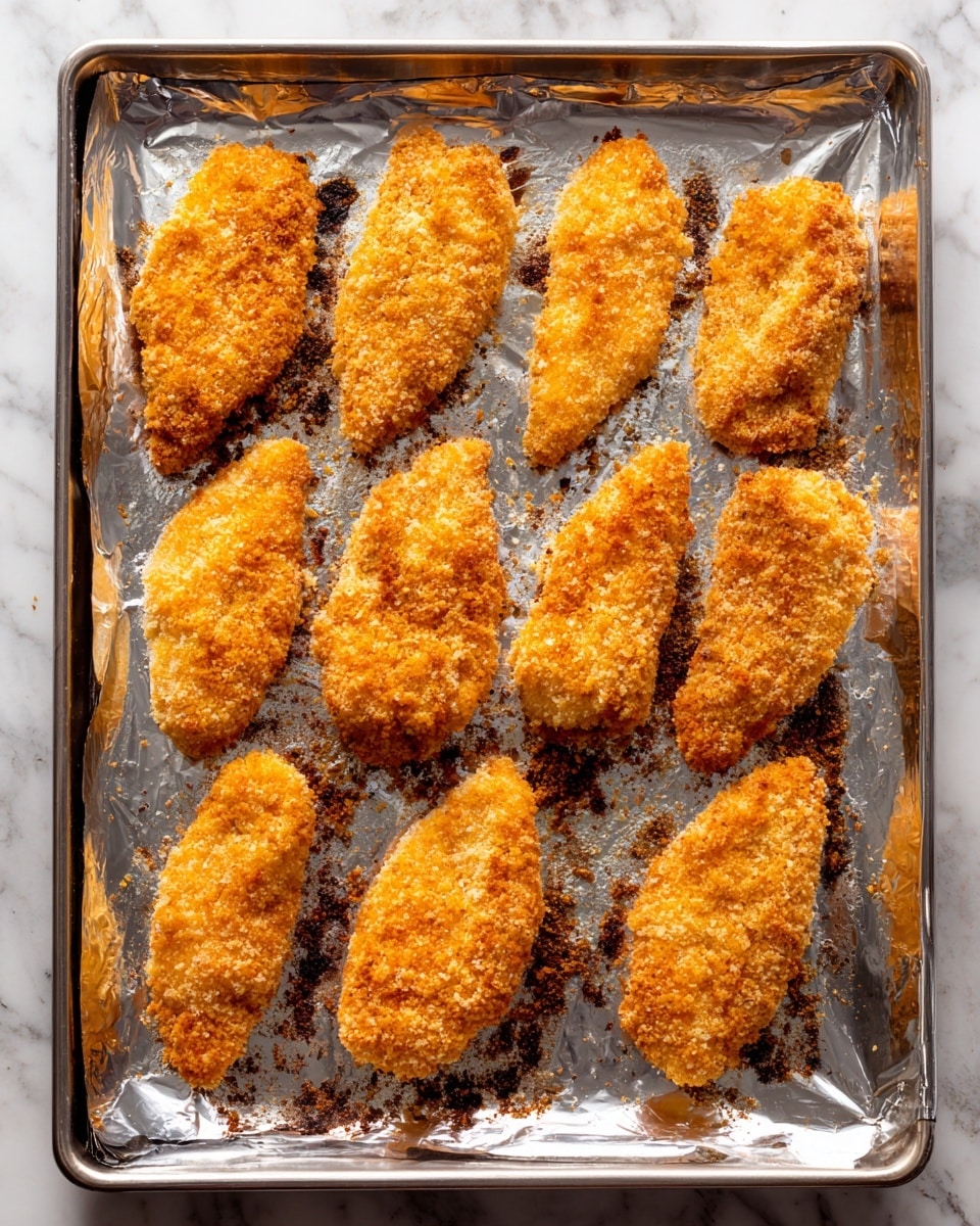 The image shows ten pieces of breaded chicken filets arranged in three rows on a baking tray covered with foil. Each filet has a golden brown, crumbly crust with a slightly rough texture, varying slightly in size and shape but all elongated and pointed at one end. The baking tray has some dark browned spots and crust bits around the edges and between the filets. The light reflects slightly from the foil and crispy chicken coating, all set against a white marbled background. photo taken with an iphone --ar 4:5 --v 7