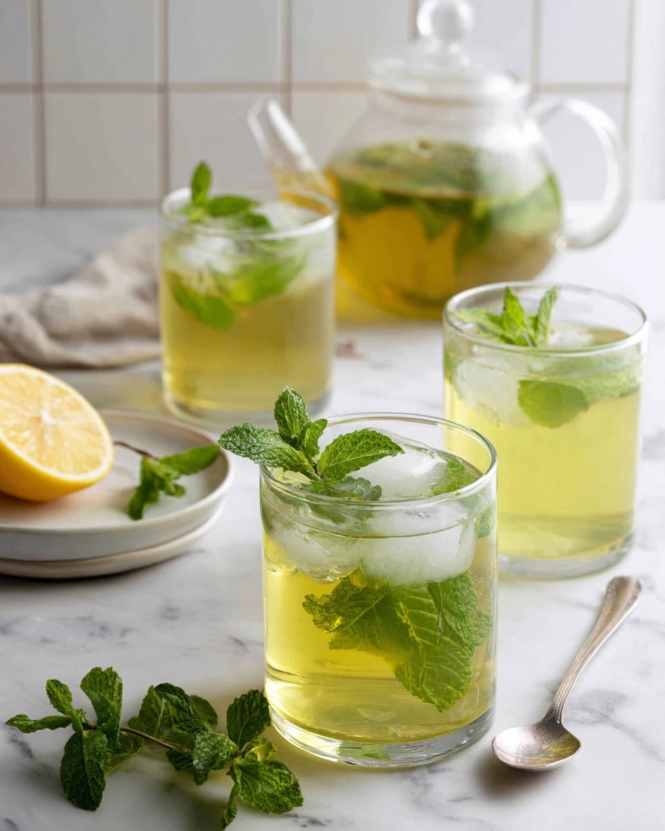 Three clear glasses filled with light green tea, each containing ice cubes and fresh mint leaves floating on top. The glass in the front has a metal spoon inside and two mint sprigs sticking out. To the left, a small white plate holds a lemon half and some mint leaves. In the background, a glass teapot with green tea sits on the white marbled surface, with a white tiled wall behind it. The whole scene is bright and fresh with a clean look. Photo taken with an iphone --ar 4:5 --v 7