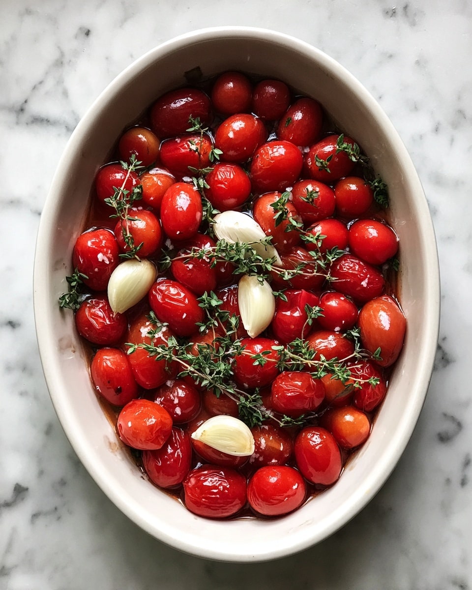 A white oval baking dish holds a mix of small red and one green cherry tomatoes, glistening with moisture. At the bottom center, there is one half of a garlic bulb showing its pale inside cloves. Sprigs of fresh green thyme are spread across the tomatoes. The dish is placed on a white marbled surface. Photo taken with an iphone --ar 4:5 --v 7